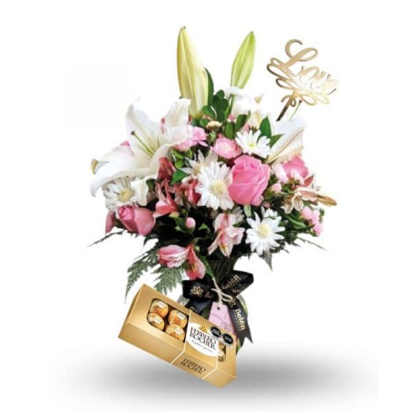 Pack Florero con flores de estacion y bombones